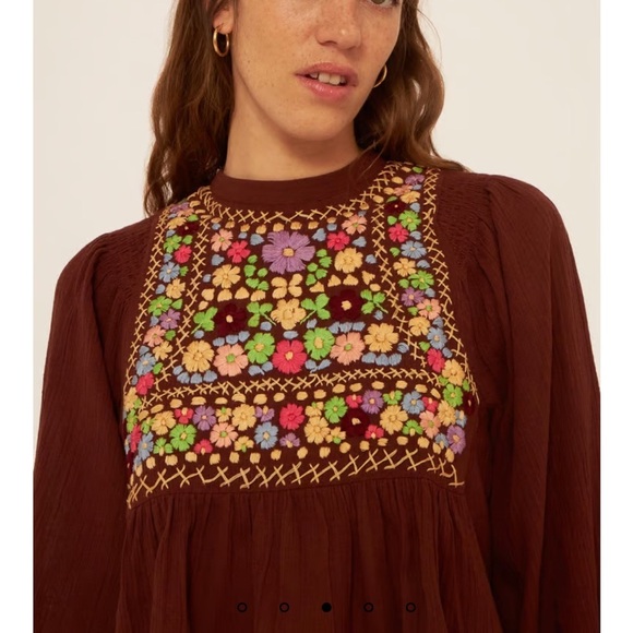 Antik Batik Top Line Embroidered Blouse Brown Hand Stitched Anthro Sz XS NEW - Picture 2 of 16